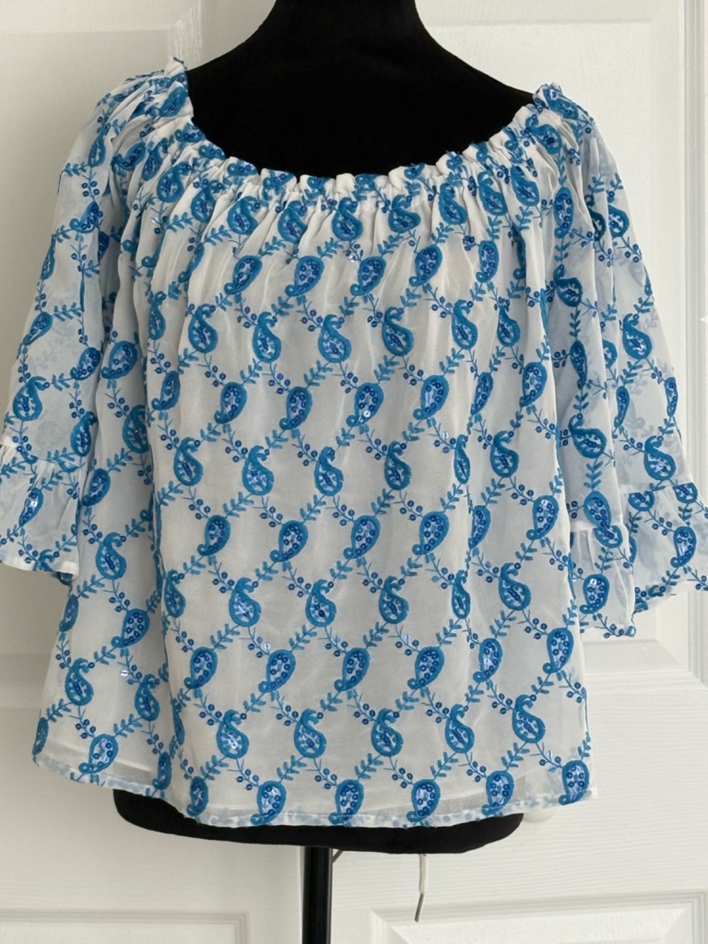 Lilly Pulitzer White Off-Shoulder Top with Blue Embroidered Paisley Print